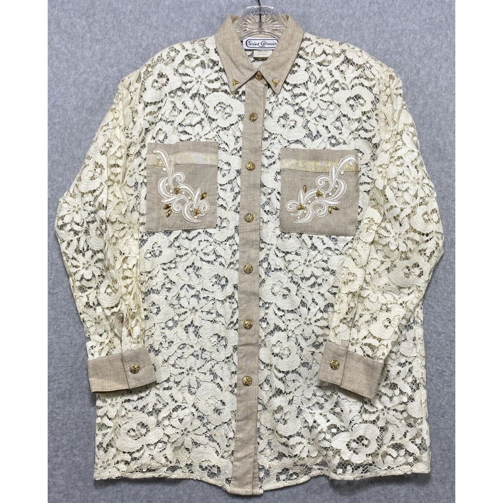 Saint Germain‎ Paris Shirt Medium Paisley Lace Button up Pockets Long Sleeve